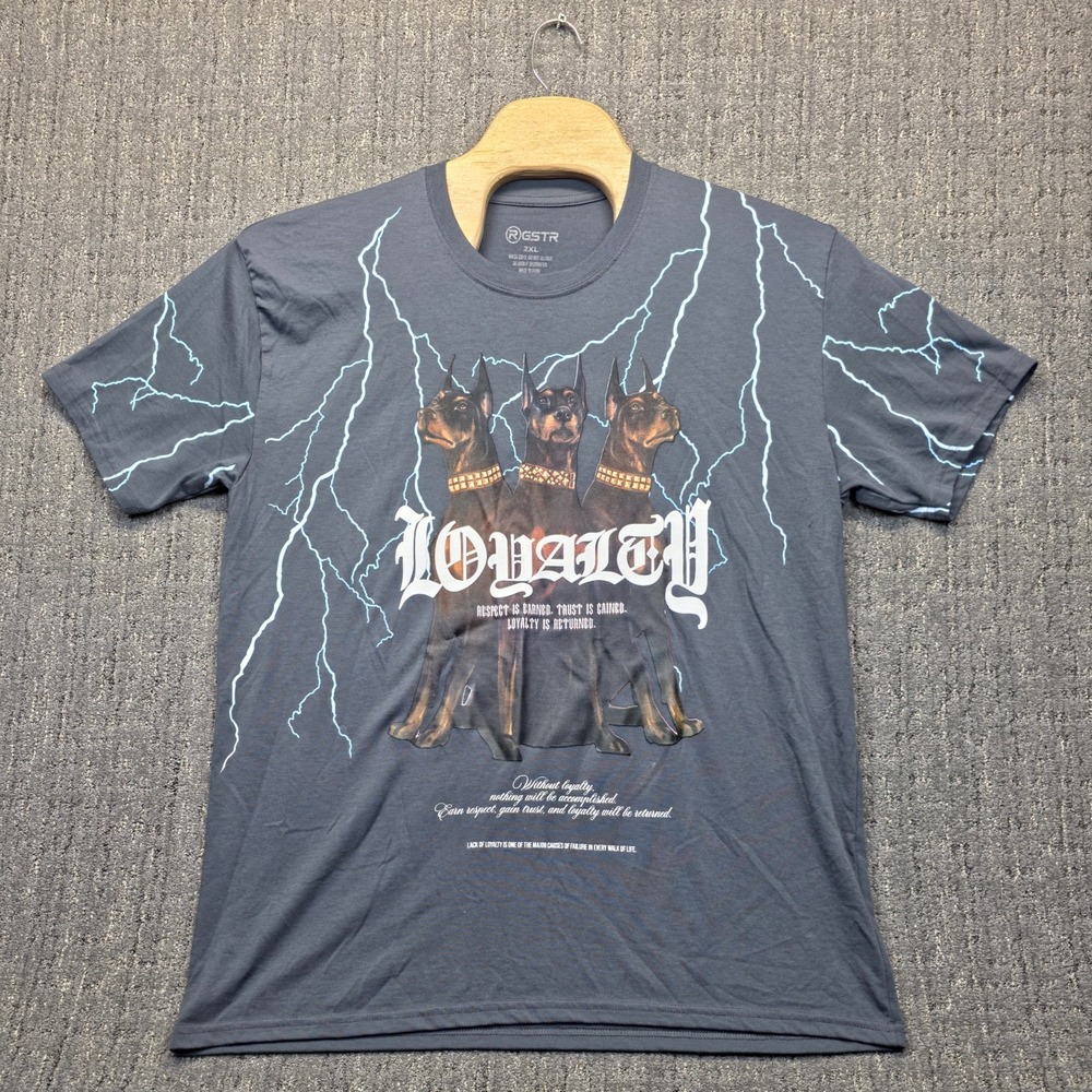 RGSTR Loyalty T-Shirt Mens 2XL Doberman Lightning AOP Graphic Tee Gray Hip Hop‎